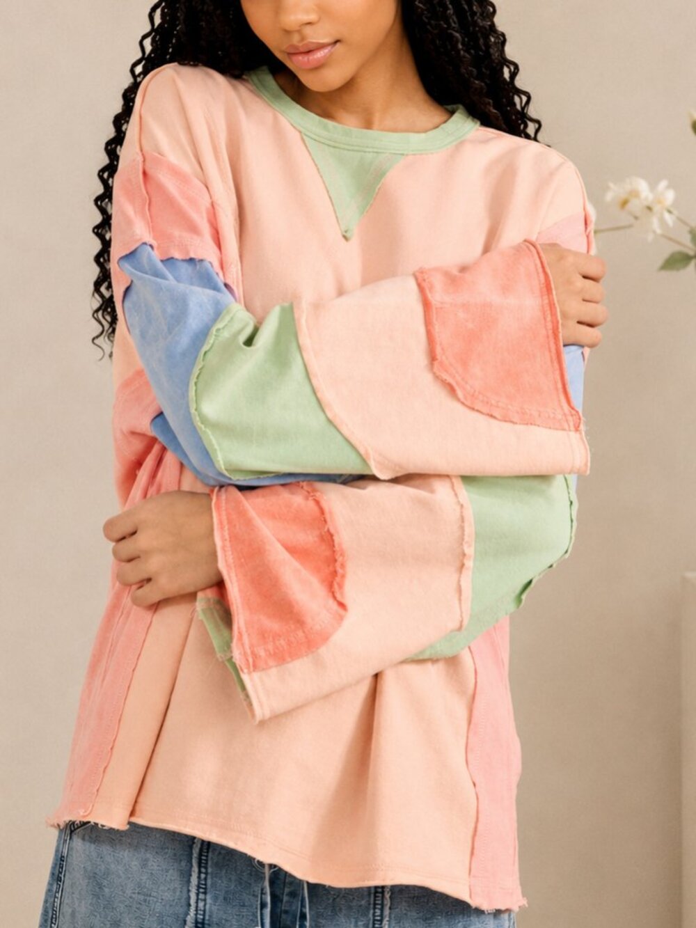 Sage & Fig SOFT Peach Pastels Raw Edge Patchwork 100% Cotton Cozy Sweatshirt Top